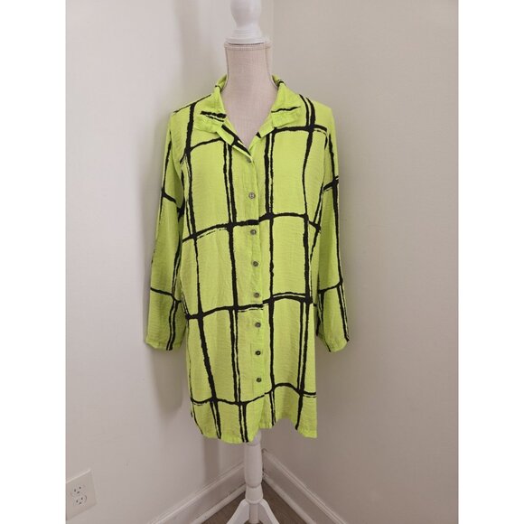 John Mark Abstract Neon Green Black Collared Roll Tab Tunic Blouse Top Shirt XL - Picture 12 of 12